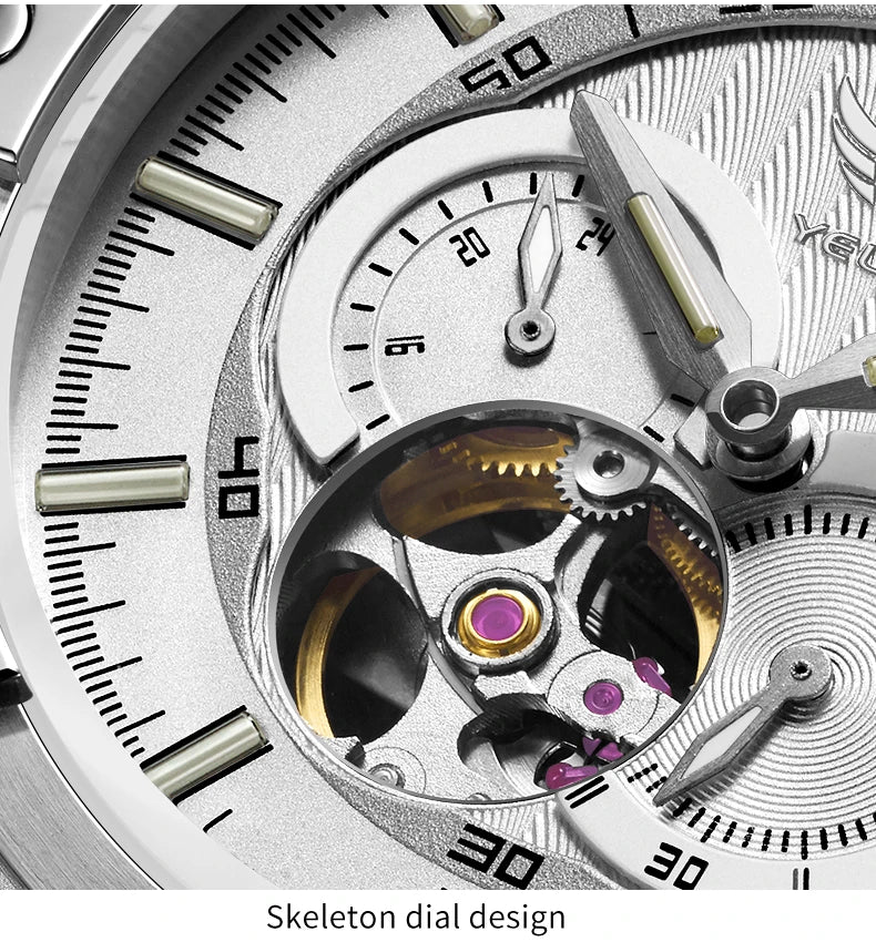 Yelang V1024 Men's 44mm Automatic Mechanical Watch Luminous 100m Water Resistant Japan Miyota 82S7 Movement Stainless Steel Band