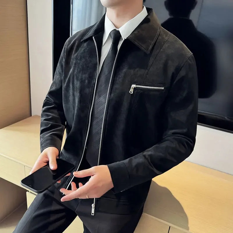 Men's Suede Casual Jacket, Lapel Fashionable Jacket, High-Grade Zipper Decorations, Business Casual Warm Male Coat