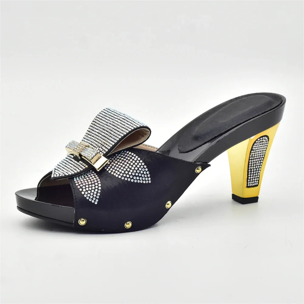 Gold Color Women Slippers Shoes African Women Wedding Shoes Elegant Italian Woman Shoes with Stone High Heels Woman Summer Pumps