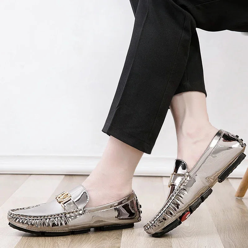 New Cool Male Formal Dress Shoes Silver Casual Moccasin Shoes for Men Large Size 38-48 Youth Fashion Popular Driving Loafers