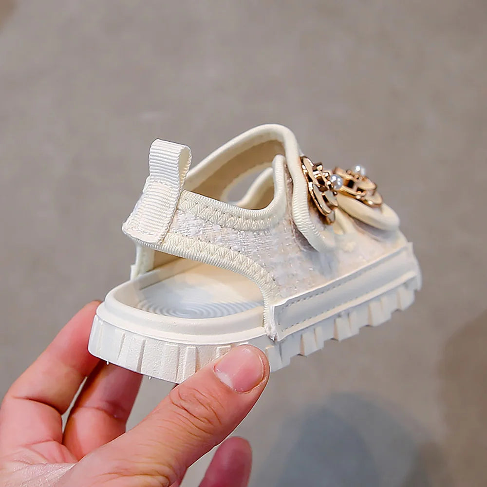 Koreaanse zomersandalen voor meisjes, luxe parelbloem kinderstrandschoenen, ergonomische sandalen met zachte zool voor meisjes