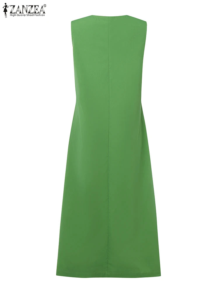 2025 Women Summer Sundress Elegant Work OL Midi Dresses V Neck Sleeveless Solid Dress Fashion Buttons Down Robe Plus Size