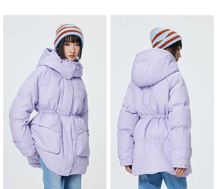 Women's Winter Warm Oversized Long Hooded Down Jacket, Adjustable Pig Nose, Buckle Waist Belt Utility Duck Down Parka For Ladies