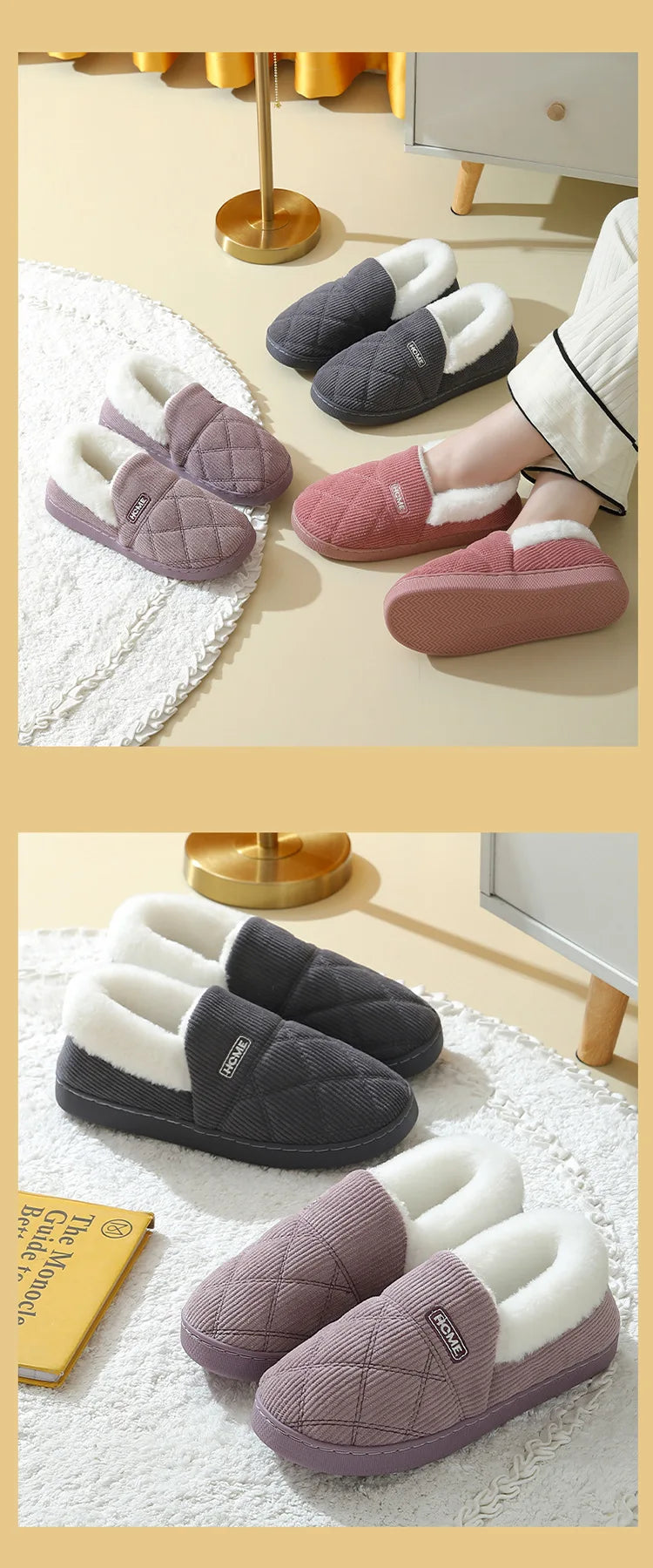 Women's Winter Warm Fuzzy Slippers Soft Cosy Plush Lined With Non-Slip Flat Sole Suitable For Bedroom Use Fur Fluffy Indoor Cotton Shoes