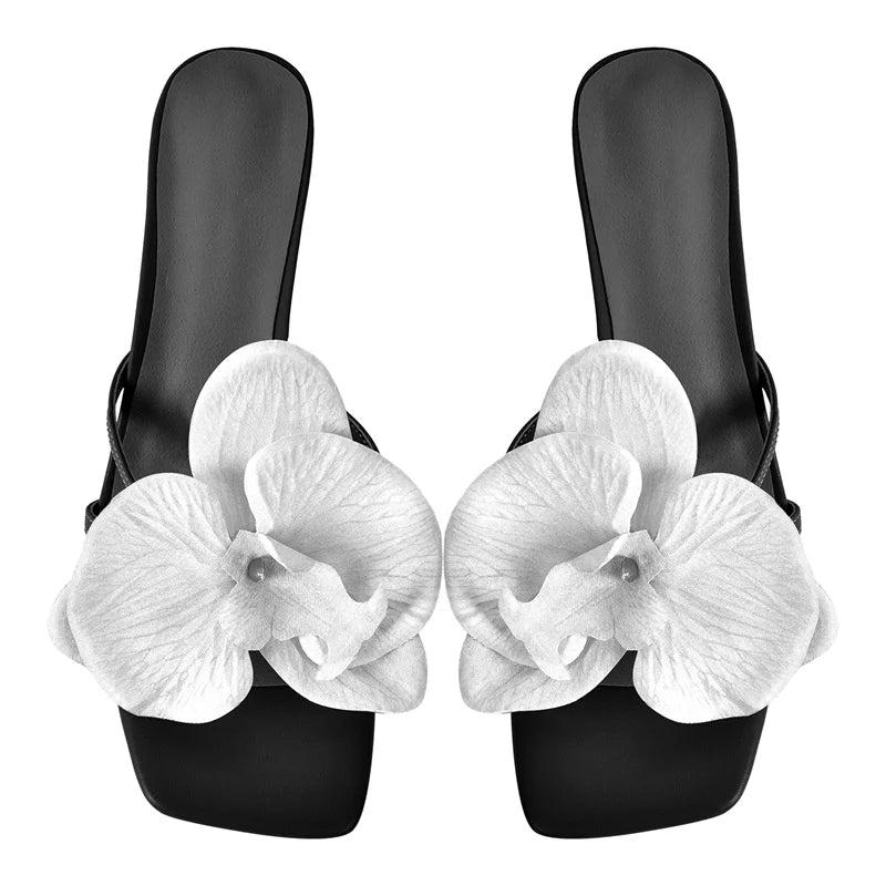 Women Square Toe Flower Mulesl Orchid Heels Slip On Thong 5CM Thin Heel Woman Sandals