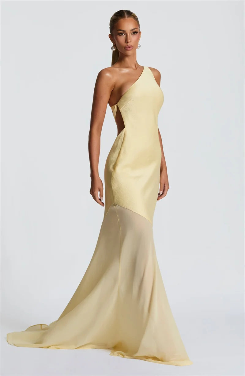One Shoulder Backless Sleeveless Maxi Dress Women's Sexy Gown Fashion Patchwork Bodycon Club Party Long Dress Elegant Floor-Length