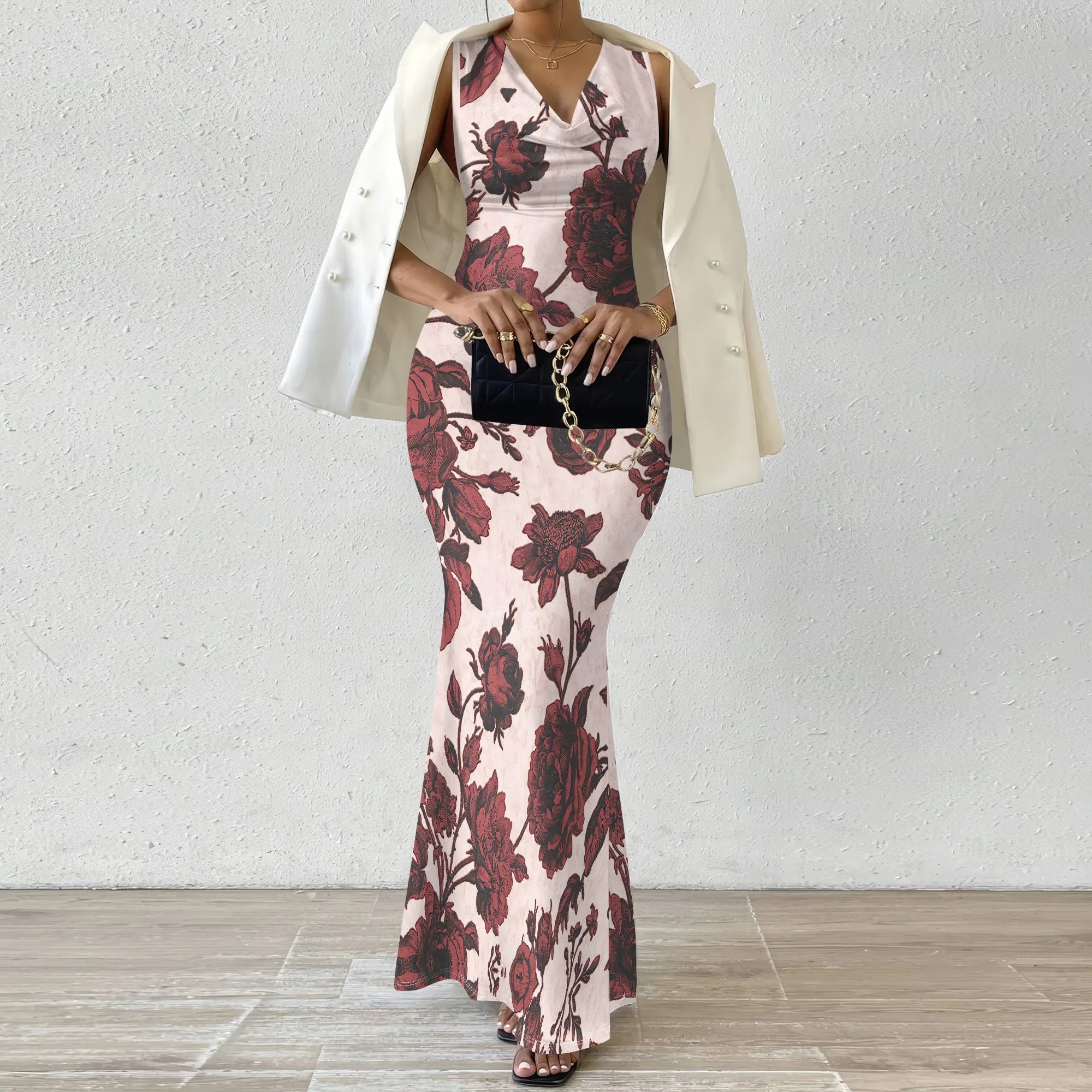 Women's V-Neck Sleeveless Maxi Dress Vintage Red Floral Print Elegant Bodycon Evening Dress