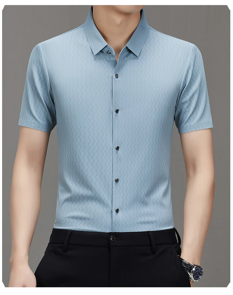 Men's Summer Lapel Shirt, Slim Fit Short-Sleeved, Fashion Dark Pattern Knitted Fabric Polo Shirt