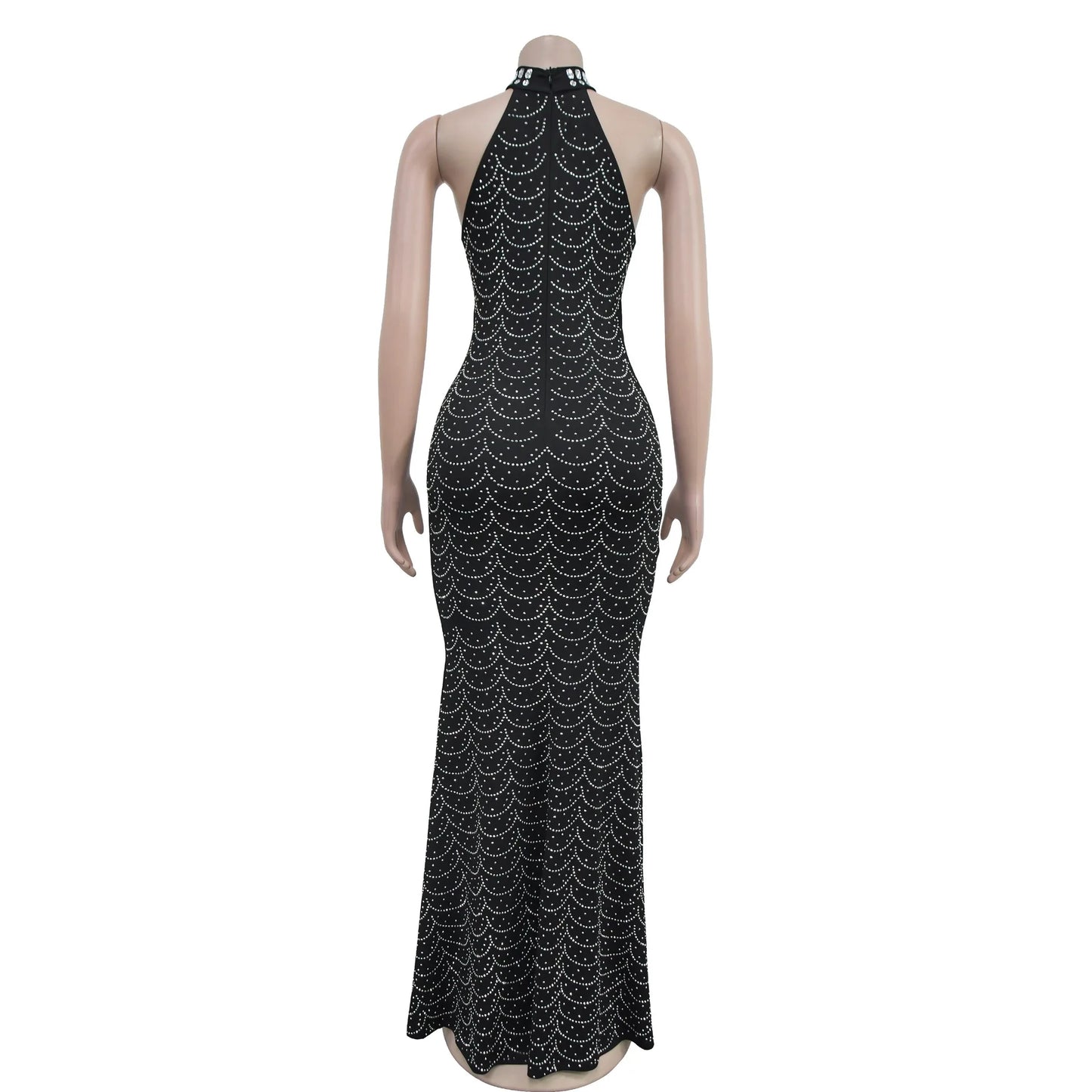Women's Sexy Sleeveless Halter Rhinestone Decor Floor-length Mermaid Party Dress