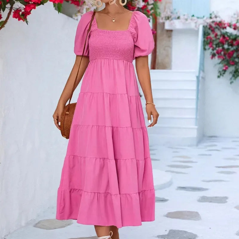 Dresses For Women  Streetwear Plus Size Square Neck Backless Puff Sleeve Pleated Short Sleeve Dress