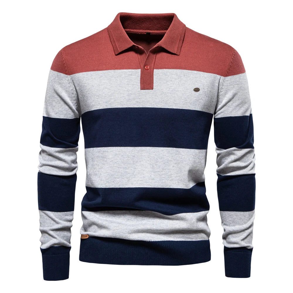 Herren-Pullover mit Streifen aus Baumwolle und Polokragen zum Knöpfen, lässiger Business-Pullover für Herren
