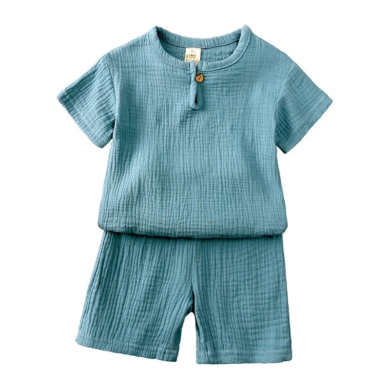 2025 Zomer 100% Katoen Baby Jongen Meisje 2-delige Set Effen Korte Mouw Shirt Casual Peuterpak 1-7T Unisex