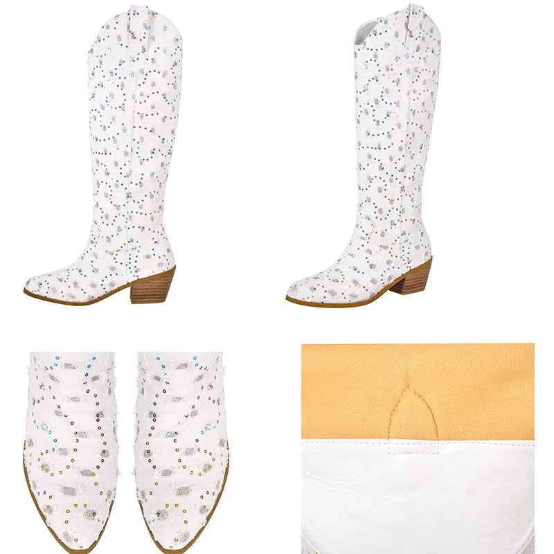 Women Pointed Toe Knee High Boots Western Boots Wide Calf Embroidered Canvas Block Heel Pull-On Cowgirl Booties
