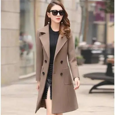 2024 Autumn Winter Women Long Woolen Coats Double Breasted Female Solid Color Slim Fit Outerwear Turn-down Collar Streetwear