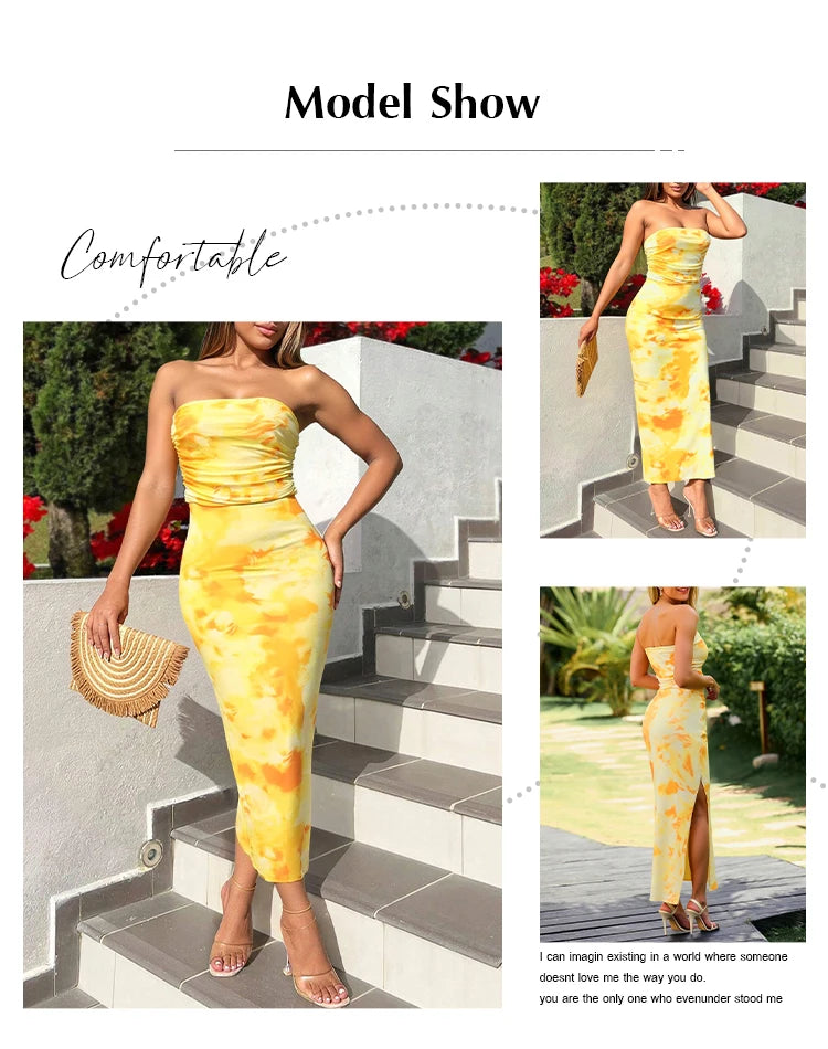 Dresses Summer Vacation Decent Graphic Print Strapless Sleeveless Off Shoulder Maxi Side Slit Dresses For Women