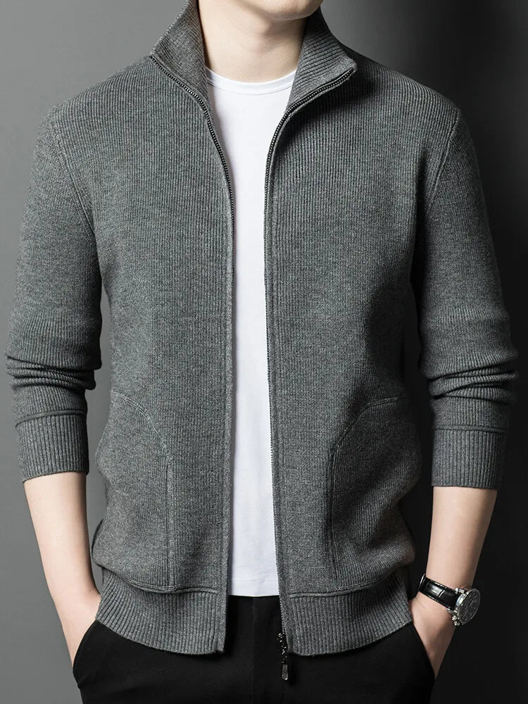 Men's Solid Colour Autumn Long-Sleeved Stretch Warm Cardigan, Daily Jacket Sizes M-4XL