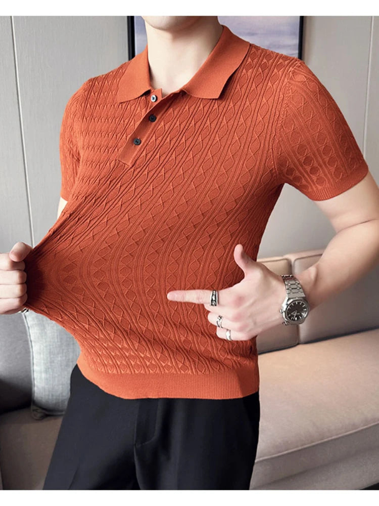 Men's Slim-Fit Jacquard Knitted Short-Sleeved Polo Shirt for Male Fashion Lapel Golf Shirt
