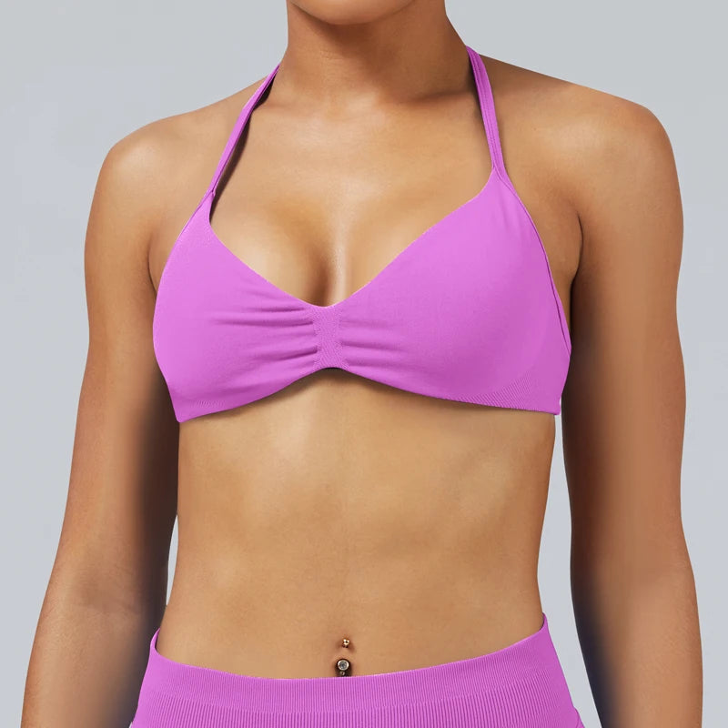 Seamless High Support Impact Yoga Bra Women Strappy Sport Bra Thin Strap Halter Workout Tank Fitness Top Gym Wear
