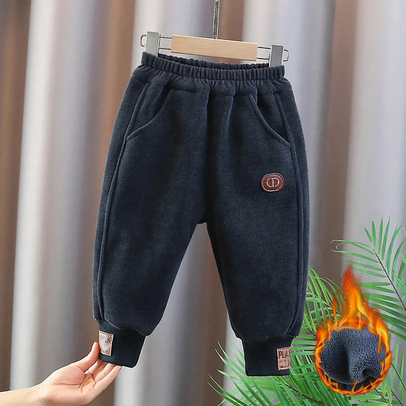 Children's Autumn & Winter Baby Girl Pants Fur Lining Boys Casual Trousers Simple Thick Kid's Pants 0-5Y Unisex