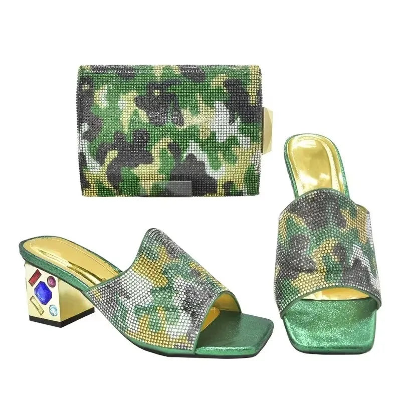 Women's Italian Luxury Shoes with Bag Set Decorated with Rhinestone Open Toe Pumps for party