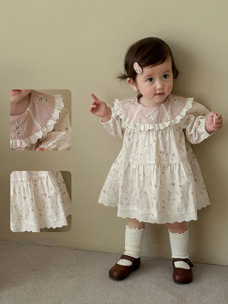 New Autumn Girls Flower Dress Cartoon Bunny Lace Kids Princess Dress Loose Korean Version Children Clothes 9M-5T Girls