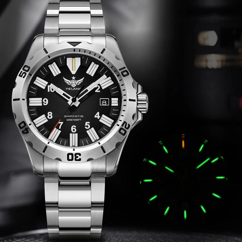 YELANG V1036 42mm Men's Quartz Watch Luminous Display Japan Movement 30ATM Waterproof Stainless Steel Band with Luminous Hands