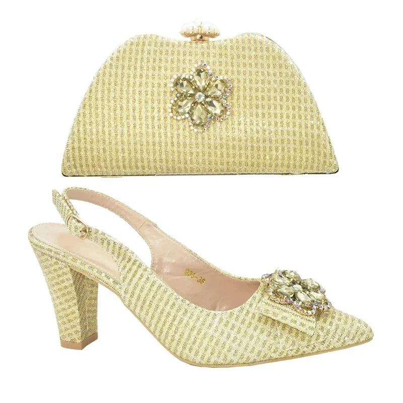 African Shoes and Bags Matching Set Decorated with Rhinestone Nigerian Shoes and Matching Bag