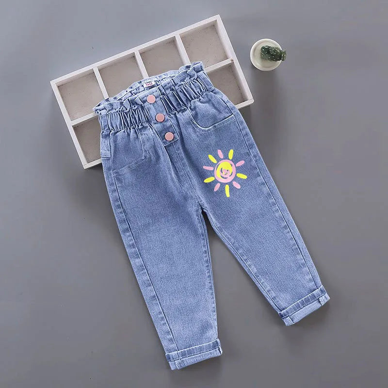 New Spring Kids Jeans Girls Boys Cute Embroidery Cherry Flower Denim Blue Pants Children Outwear Trousers 4-6Y Unisex