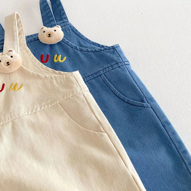 New Spring Kids Overall Children Cute Embroidered Letter Jeans Girls Boys Sweet Loose Casual Pants 0-5T Unisex