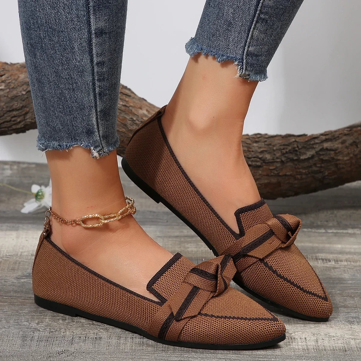 Women's Spring and Autumn Outfit Pointed Flat Breathable Casual Knot Shoes Women's Blue Pregnant Women's Low Heel Moon Shoes