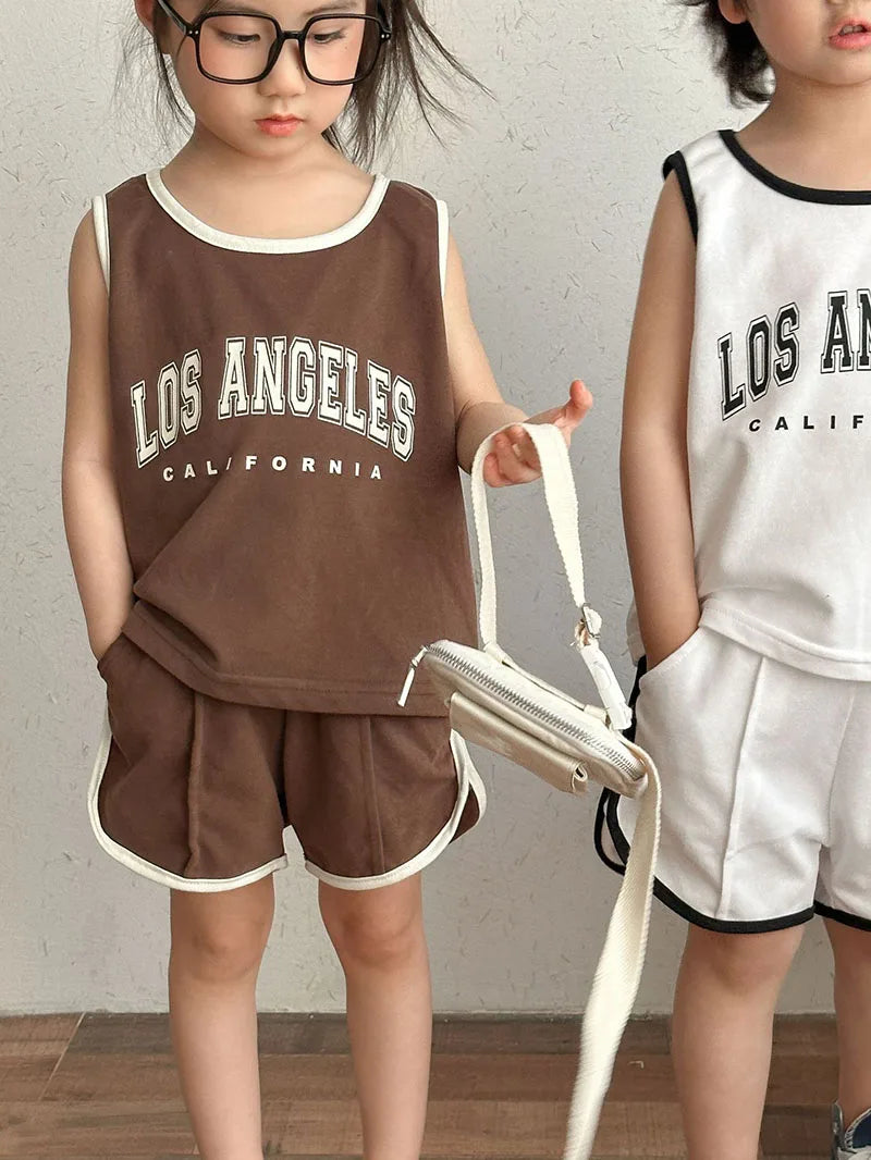 New Summer Kids Clothes Set Children Thin Style Letter Sports Suit Girls Tank Top Shorts Boys Outfits 4-6Y Unisex