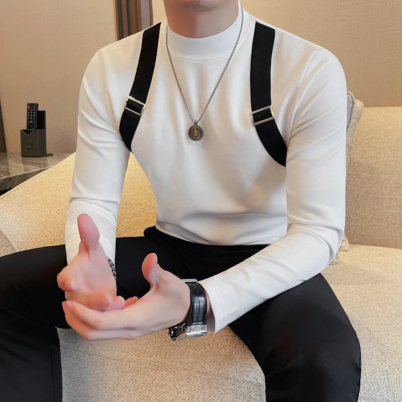 Men's Strap Long-Sleeved T-shirt For Autumn and Winter, Slim Fit Half Turtleneck Bottoming Shirt, Fashion City Knitwear