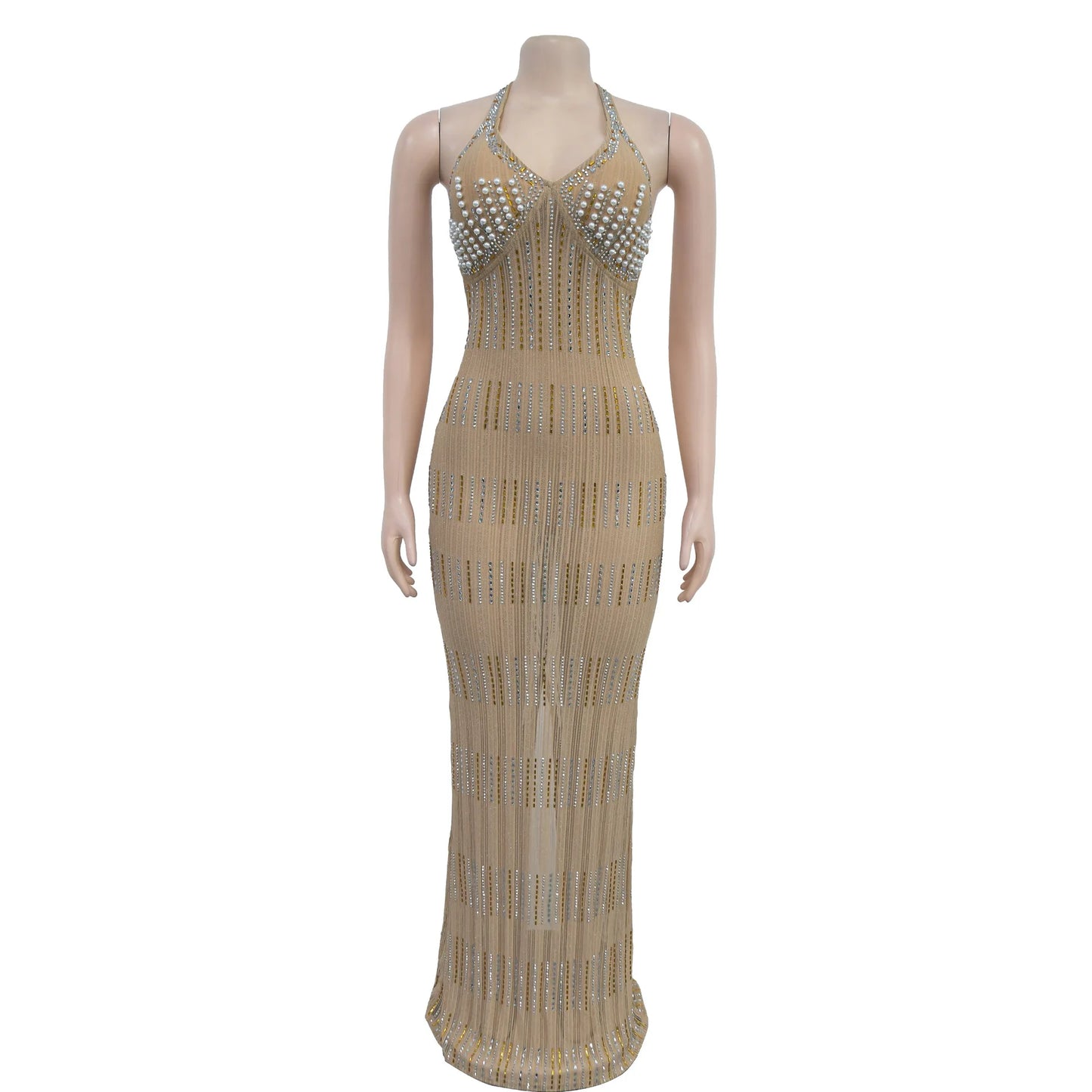Women's Sexy Halter Sleeveless Backless Embroidered Flares Rhinestone Decor Floor-length Party Dress