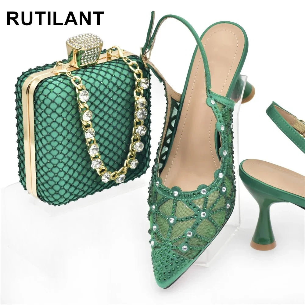 Hollow Design Trendy African Matching Shoes and Bags Italy Rhinestone Women Party Pumps for Women Elegant Wedding Shoes Bride