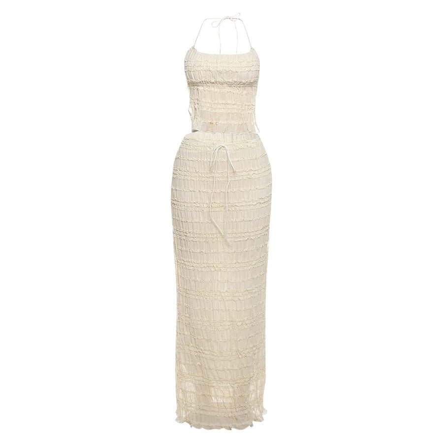 Sexy See-Through 2 Piece Set Women Lace-Up Halter Backless Crop Tops + Ruched Elegant Skirts Vacation Beach Party Suits
