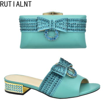 Italian Ladies Shoes and Bags To Match Set Decorated with Rhinestone Sling Backs Low (1cm-3cm) Luxury Shoes Women Designers