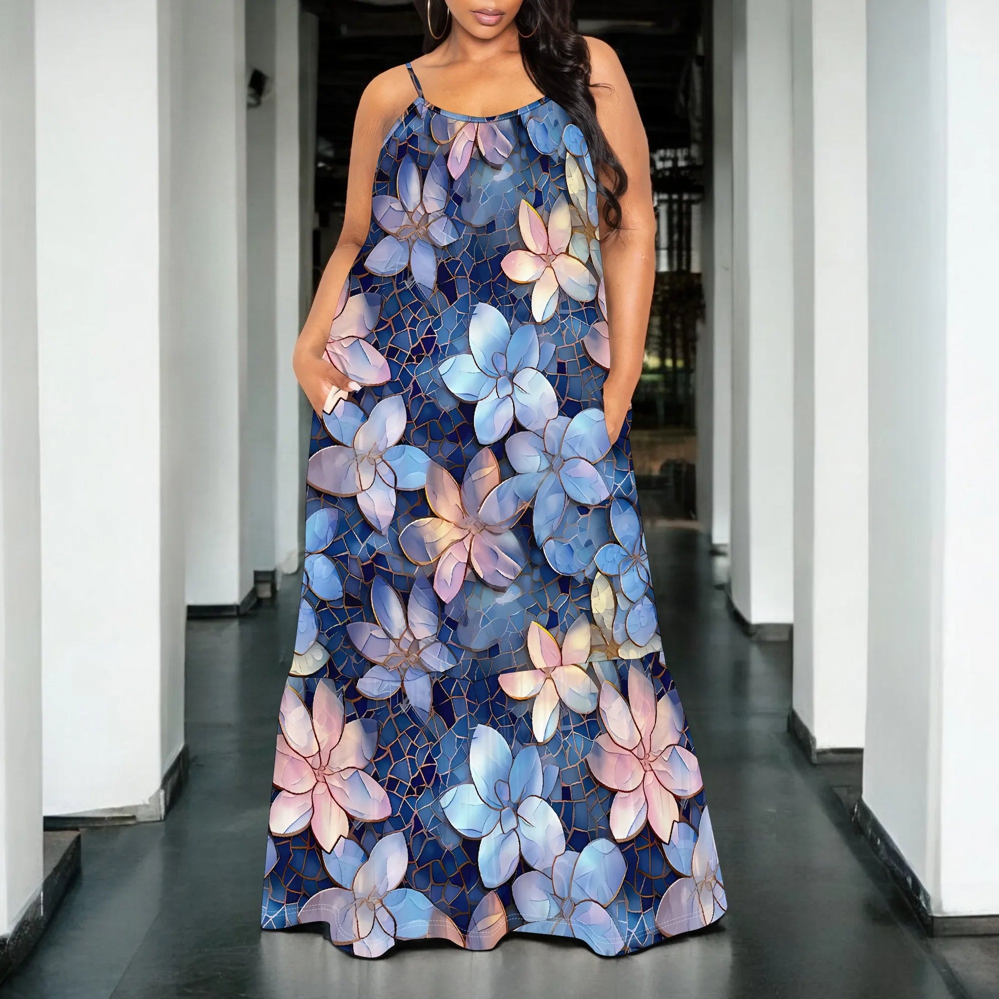 Watercolor Floral Print Sleeveless Maxi Dress Women Casual Beach Style Spaghetti Strap Outfit