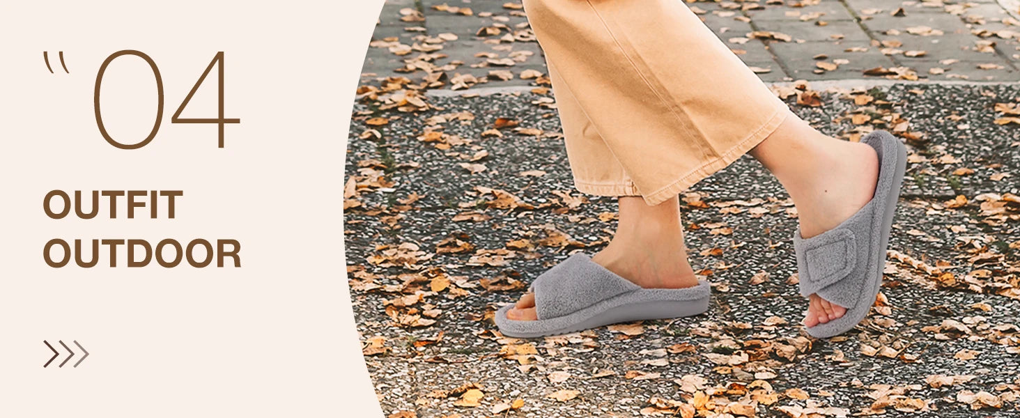 Women's Fuzzy House Slippers Orthopaedic Plush Slide With Arch Support and Open Toe Non-Slip Furry Bedroom Slide Suitable As House Shoes