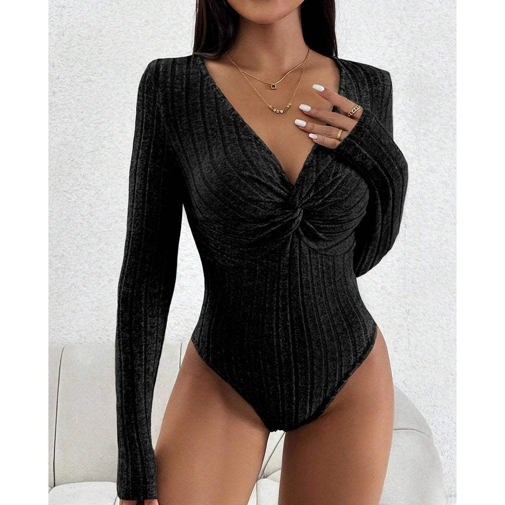 Women's Jumpsuits Autumn Sexy Plain Bowknot Ruffle Long Sleeve Plunge Neck Regular Casual Jumpsuits