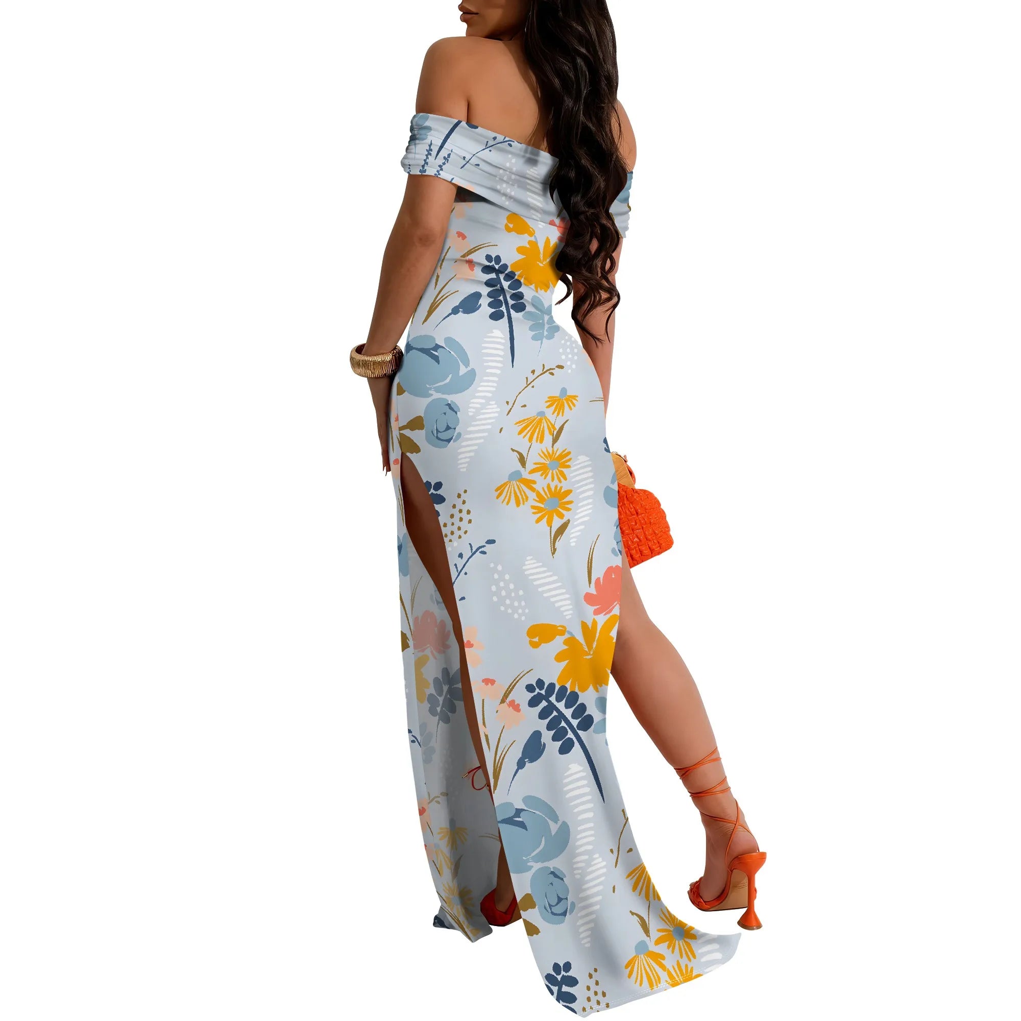 Lily Floral Off-Shoulder High Slit Maxi Dress - Women's Fresh Elegant Party Evening Resortwear Date Night