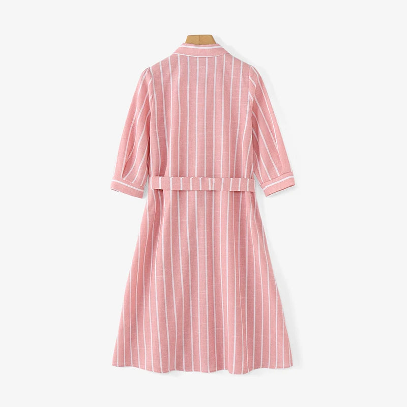 Women Striped Shirt Dress Elegant Lapel Neck 3/4 Sleeve A-line Midi Dresses 2025 Summer Tie-Waist Robes Femme Vestidos