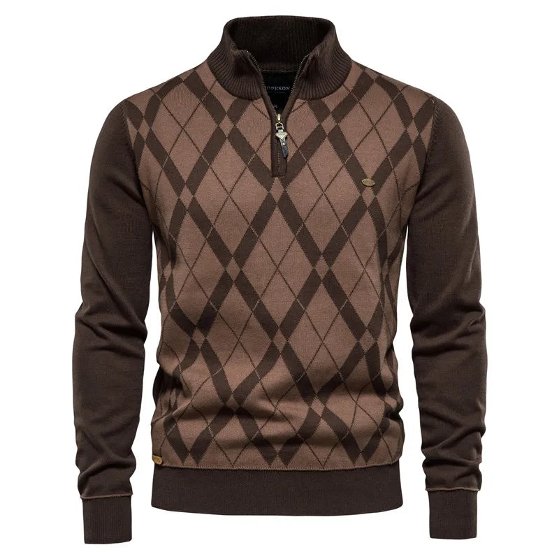 Men's Argyle Solid Colour Cardigan Casual Quality Zipper Cotton Winter Sweaters Basic Cardigans for Men