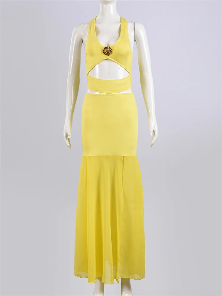 Sexy Fashion 2 Piece Set Women Metal Flower Decoration Halter Hollow Tops + Mesh Patchwork Long Skirts Elegant Outfits