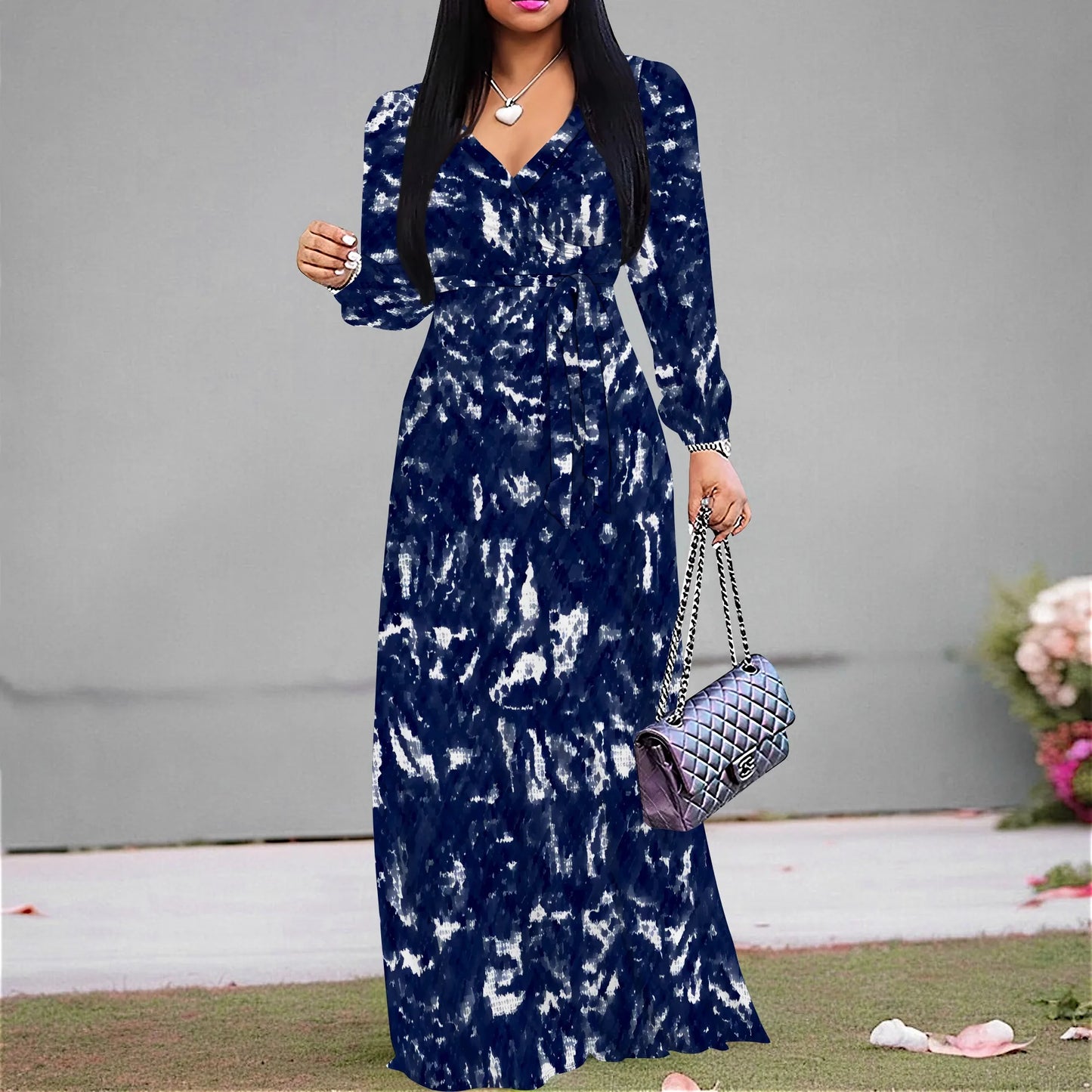 Tie-Dye V-Neck Long Sleeve Maxi Dress Women Casual Boho Fall Holiday Outfits