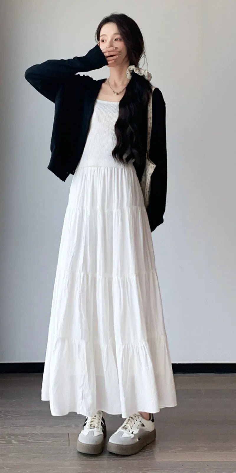 Spring Summer Women Long Skirts Fashion High Waist Elastic Patchwork A-Line Skirt Casual All-Match White Cake Maxi Skirts Female