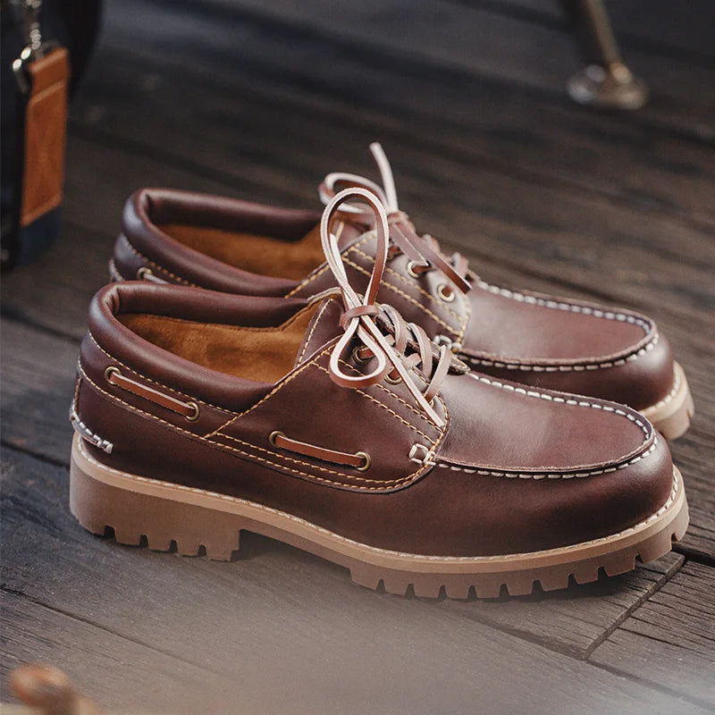 Men's Vintage Second-layer Cowhide Boat Shoes Genuine Leather Derby Shoes Round Toe Low Top Boots British Style Work Shoes