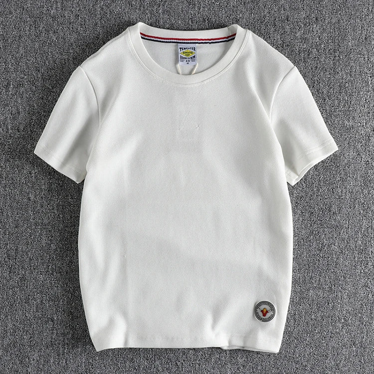 Zomer Nieuw Amerikaans Retro Waffle Microchapter T-shirt Herenmode Eenvoudig Gewassen Korte Mouw O-hals Casual Losse Jeugd Tops