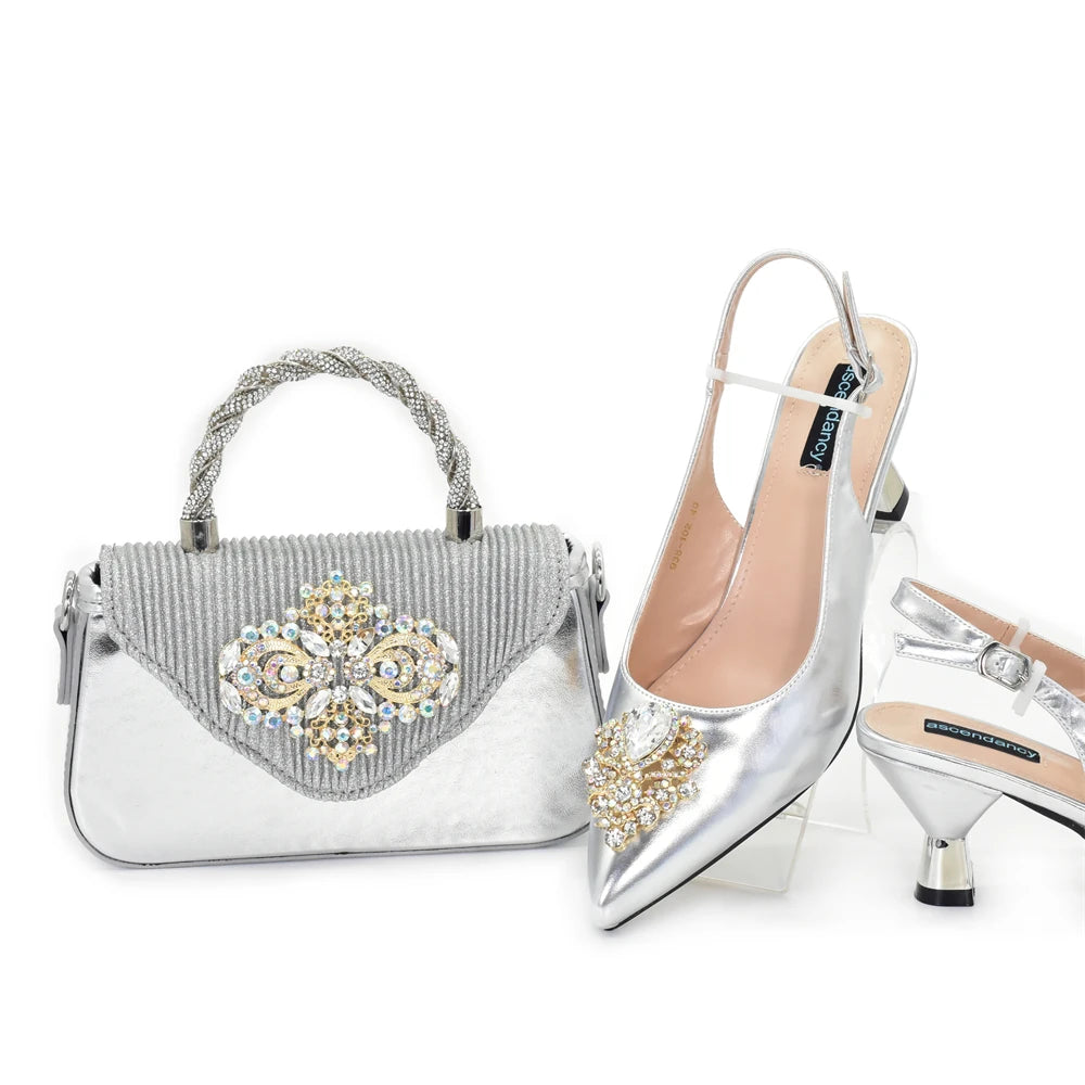 African Matching Shoes and Bags Set Decorated with Rhinestone for Ladies' Party