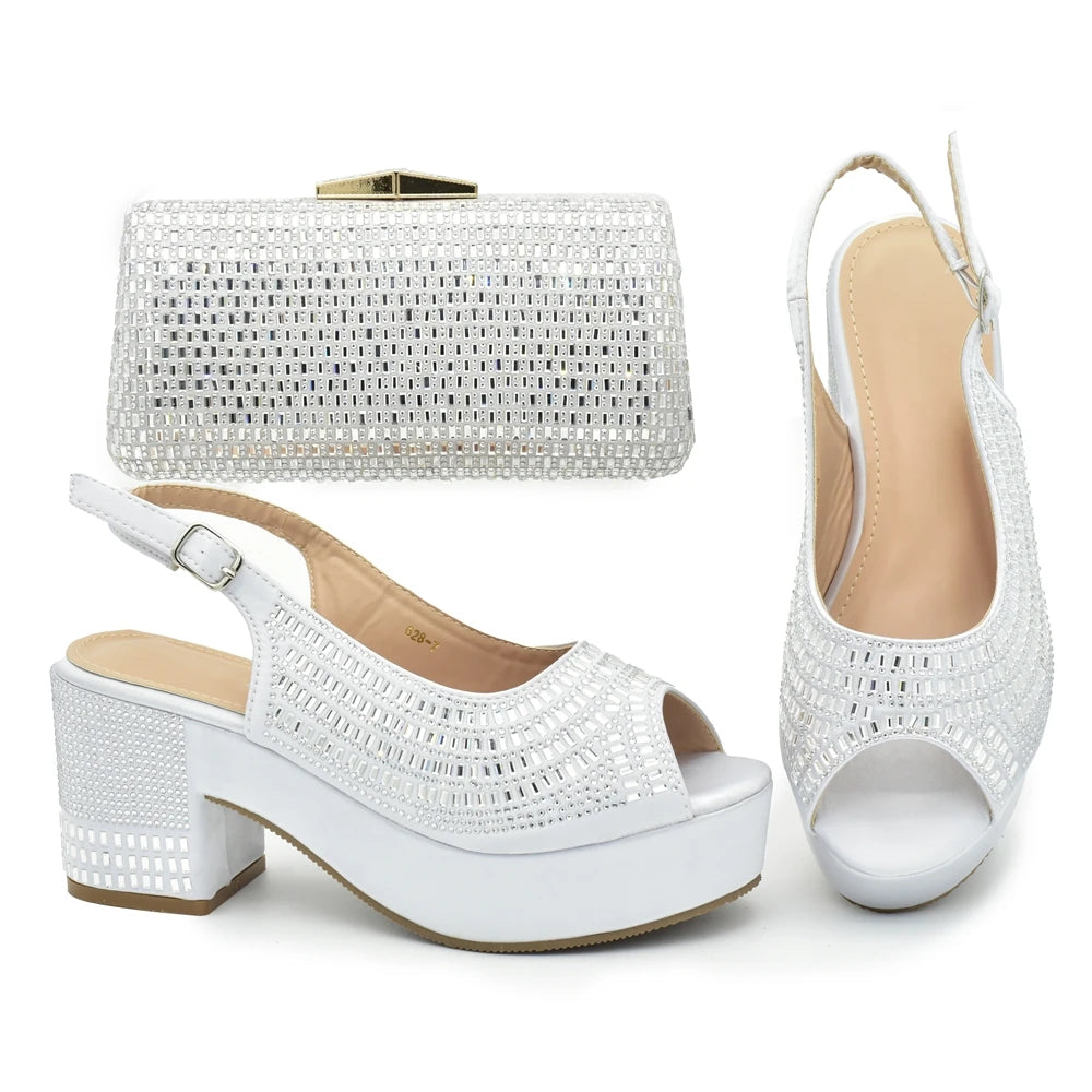 Africa Shoe and Bags Set Decorated with Rhinestone Wedges Shoes for Women Italian Women Wedding Shoes with Bag Set