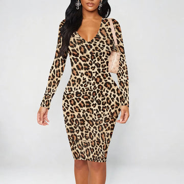 Leopard Print Long Sleeve Bodycon Dress for Women Sexy V-Neck Slim Fit Autumn Outfit